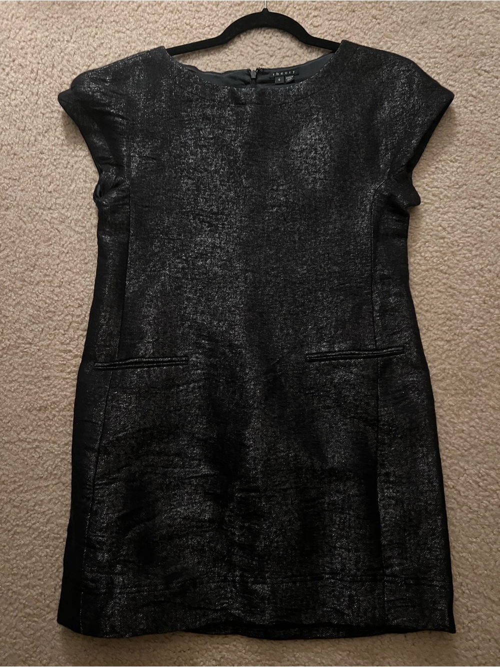 Theory Black Metallic Cap-Sleeve Sheath Dress